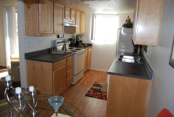 Upgraded kitchens, all electric appliances. Granite-like counter tops. Red wood vinyl flooring.