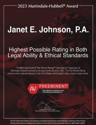 Jacksonville lawyer Janet Johnson awarded 2023 Martindale-Hubbell Award for Highest Possible Rating in Legal Ability and Ethical Standards