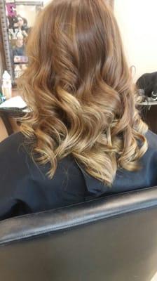 Rich mocha brown seamlessly falling into a beautiful beige blonde! Ombre, cut, and style!