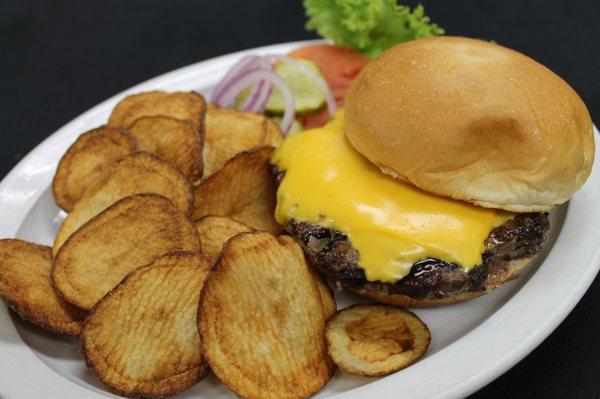 Burgers and our Famous Homemade Chips at Sneakers Eatery & Pub