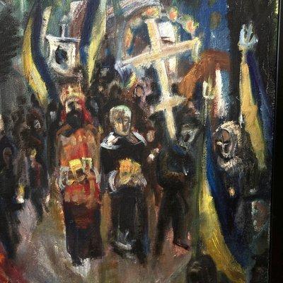 1980s neo-expressionism painting of Three Kings Day religious procession, signed and dated but artist and origin unknown, 27"x34"h