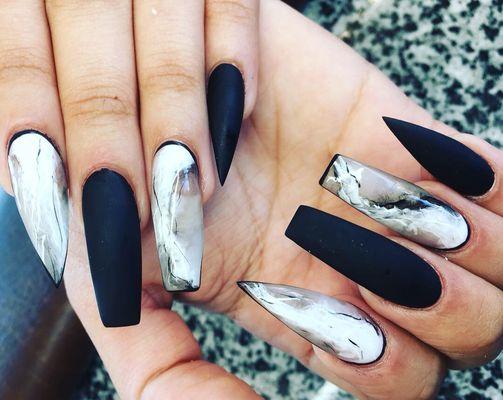 Marble Nails. Long black Nails. Matte