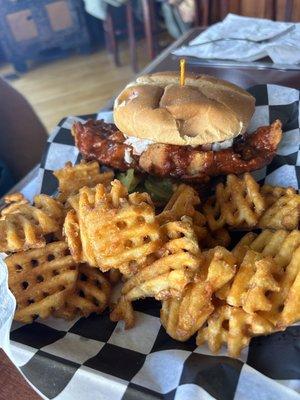 Nashville hot chicken sandwich with waffle fries