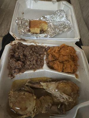 Smothered chicken, BLACK EYE PEAS????? And yams with Jiffy cornbread