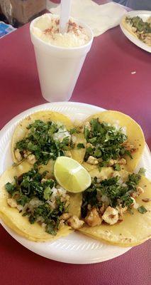 Chicken tacos and elote