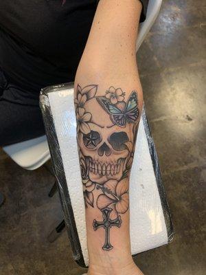 Skulls and flowers done by Kenny at Amity Irons