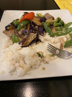 Eggplant with beef, a modern healthy twist with lite flavors, still not returned to the deep flavored authentic Thai dishes it once was.