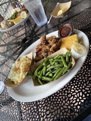 Pulled Pork, coleslaw, cornbread and green beans