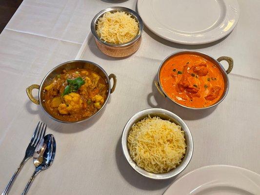 Himalayan Curry (left, blend of veggie and chicken),  Chicken Tikka Masala (right)