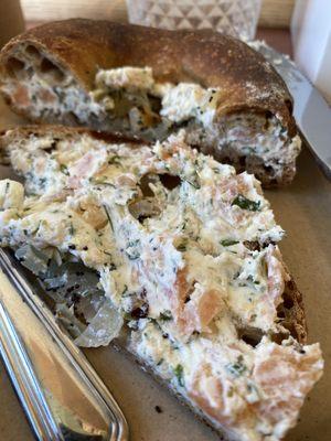 Salmon cream cheese inside that bialy. Chunks of smoked salmon. Delicious.