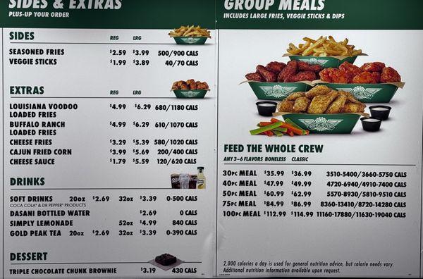 Inside menu with prices