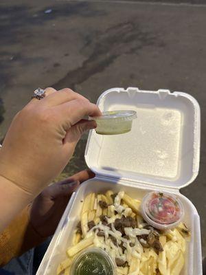 Carne asada fries with everything on the side, this is what I got couldn't even bother filling the guacamole half way