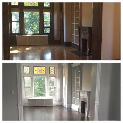 The top photo is a 'before' shot of our living room. The bottom photo is how our home looked after 2 days of Chuck & team's work! Incredible