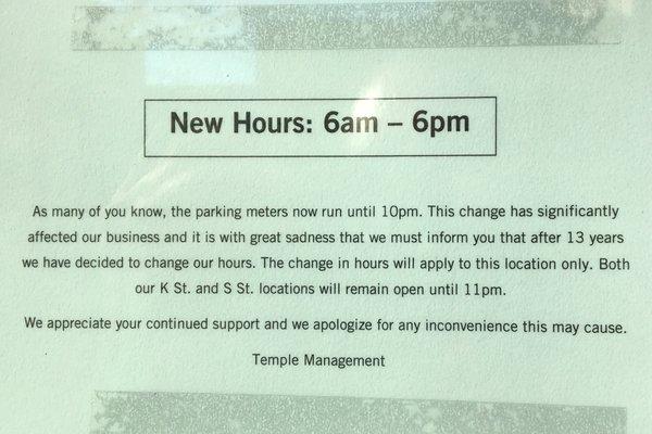 Thanks for being a shitty city, Sacramento. Parking enforcement policies are driving away customers and forcing early closures.