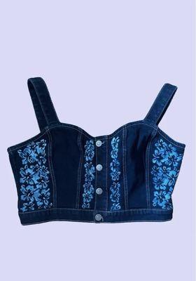 Denim Crop Top with hibiscus flowers.