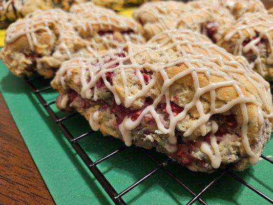 Raspberry Scones $15 (6 large or 8 smaller)