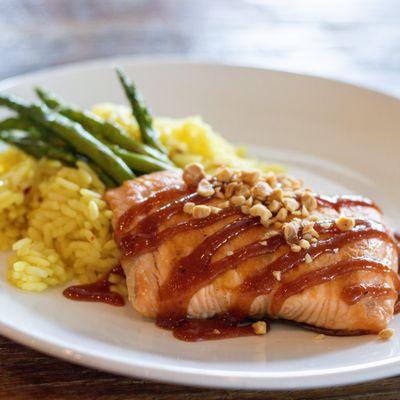 Cast-iron Salmon filet, peach BBQ, toasted 
peanuts, today's fresh vegetable, rice pilaf.