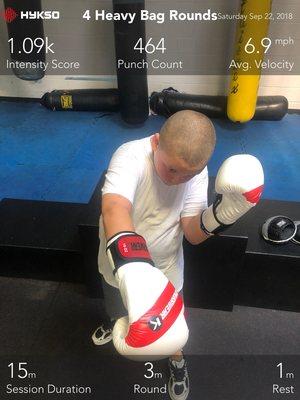 10 year old client after his boxing session. Punch sensors show live punch stats. Luther works with kids and elderly alike.