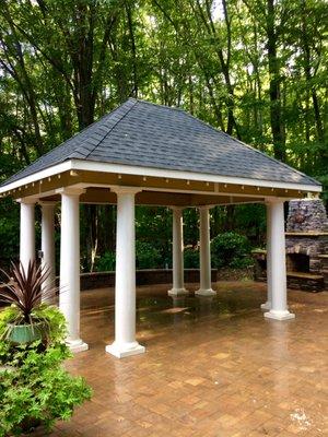 Custom built patio roof structure with exposed vaulted ceiling