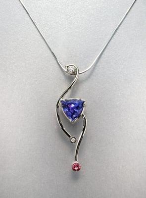 14K white gold pendant with Tanzanite, Diamond  and Pink Sapphire