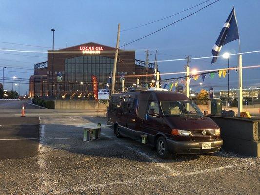 Us parked at Gate 10 parking across from Lucas Oil Stadium, getting in some last minute work.