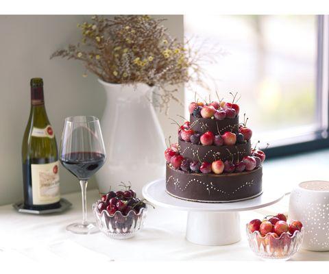 Dark chocolate & fresh cherry tiered cake