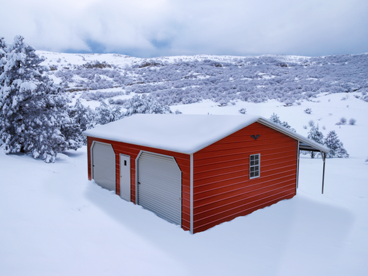 Double Garage with lean-to, shown in patriot red