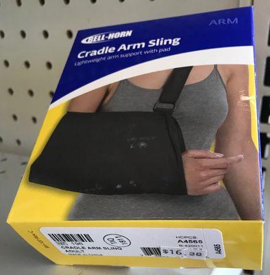 Example of comparable and easily obtainable arm sling from retail pharmarcies, Walmart, etc. This one sells for $16.38.