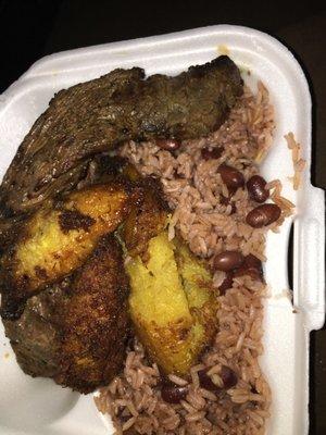 Carne asada, rice and beans, and sweet plantains.