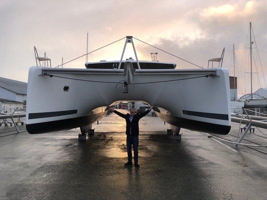 Happy New Fountaine Pajot Catamaran Owner Visiting His New Vessel in La Rochelle