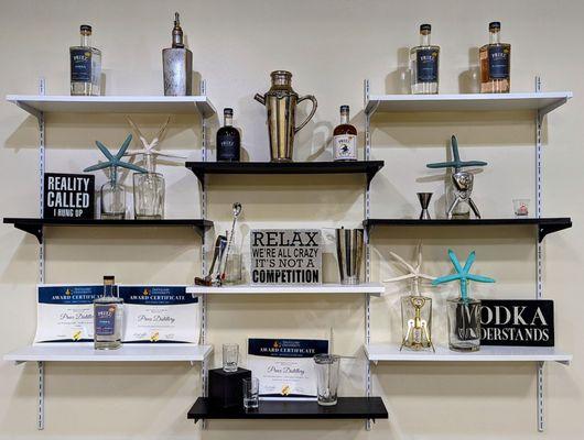 Awards and decor in the tasting room.