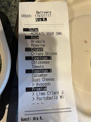 Receipt showing what I ordered in my salad.