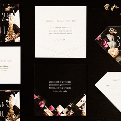 Geometric florals wedding invitation suite.