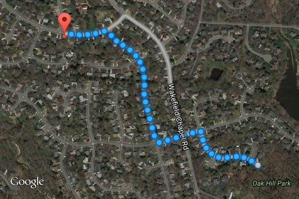 Walking map from Oak Hill Park to Historic Oak Hill Mansion