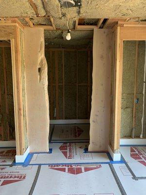 Wood slabs installed in pantry entry