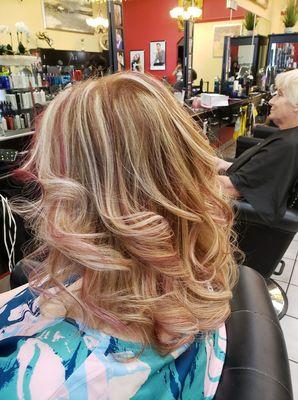 My gorgeous subtle pink highlights on bleached blonde hair done by Lily at Fanstastic Sams Salon. Highly recommend!