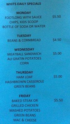 List of the weekly specials, always good food.