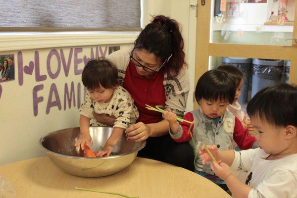 Hands-on activities are very important for young toddlers.  Our teachers guide them to learn about healthy eating and hands-on cooking.