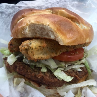 Hamburger with fried dill pickles on a pretzel bun. The kitchen is tiny, but has a customizable selection of soups, salads, and sandwiches