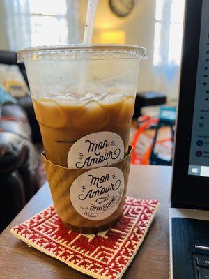 Large iced mocha, with just a little bit of chocolate, with oatmeal and an extra shot of espresso