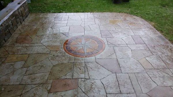 Stamped concrete Patio. With compass in the center.