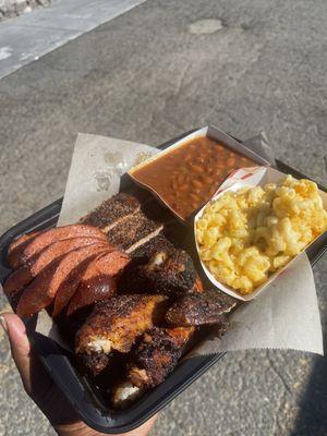 RIBS CHICKEN HOT LINK MAC AND CHEESE AND PIT BEANS