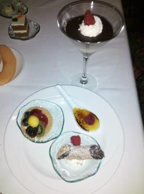 fruit tart, creme brulee, canoli, and some death by chocolate in a martini glass... seafood buffet.