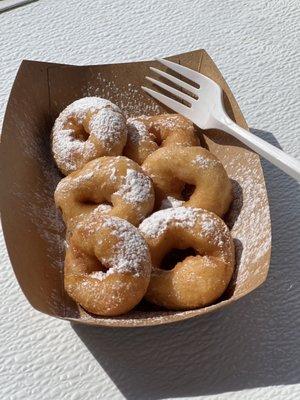 French toast donuts.  This was serve with maple syrup and powdered sugar. Really good.