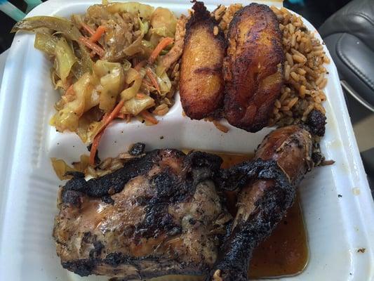 Jerk Chicken, Rice & Peas, Fried Plantains, Cabbage