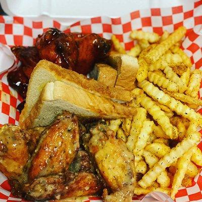 Hot Hot Wings and Garlic Parmesan with seasoned fries and Texas toast!