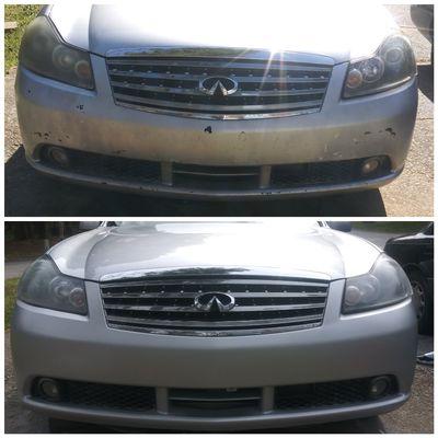 HiBeams repainting a chipped front bumper metallic grey. Next it will be wet sanded and sprayed with 3 layers of Urethane clear coat.