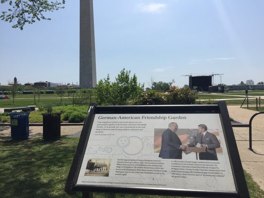 Plaque in dedication of the garden promoting German-American cooperation, showing a handshake between Reagan and Kohl. (4/22/2017)