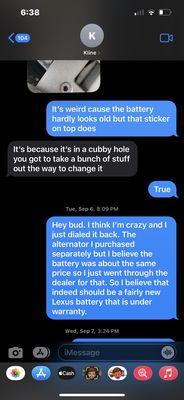 Justin ignores me saying it's a new battery, continues to sell me another battery