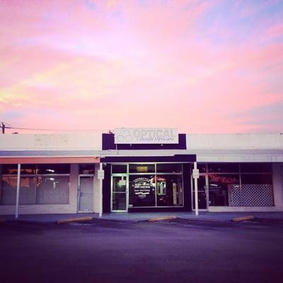 Our shop under a beautiful cotton candy colored sky, we have a new sign, see more photos for the update!